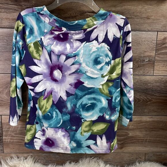 Caribbean Joe Ladies VNeck Floral Top, Size Petite Small, Purple,Teal White - Picture 5 of 7